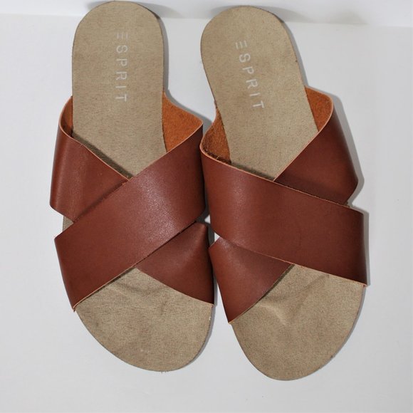 Esprit Cognac Brown Criss Cross Slides - Picture 1 of 6
